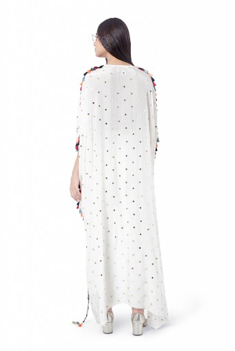 PS-FW761  Maliha Chalk White Colour Dot Mukaish Silk Embroidered High-Low Kaftan with Jogger Pant