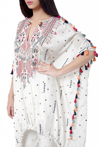 PS-FW761  Maliha Chalk White Colour Dot Mukaish Silk Embroidered High-Low Kaftan with Jogger Pant