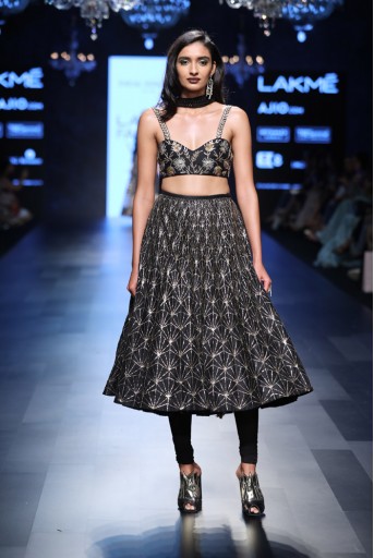 PS-FW459 Malika Black Dupion Silk Bustier ans Skirt with attached Soft Net Churidar and Mukaish Georgette Dupatta