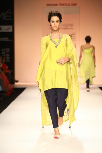 PS-FW175 Mannat Lime Yellow Cowl Kurta with Navy Low Crotch Pant and Silkmul Dupatta