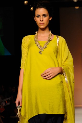 PS-FW175 Mannat Lime Yellow Cowl Kurta with Navy Low Crotch Pant and Silkmul Dupatta