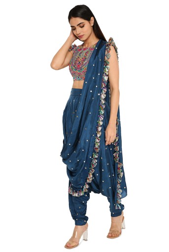 PS-TL0014  Maori Midnight Blue Colour Embroidered Choli With Mukaish Silk Low Crotch Pants With Attached Drape