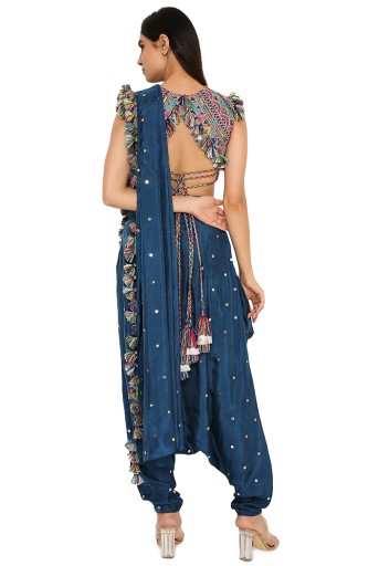 PS-TL0014  Maori Midnight Blue Colour Embroidered Choli With Mukaish Silk Low Crotch Pants With Attached Drape