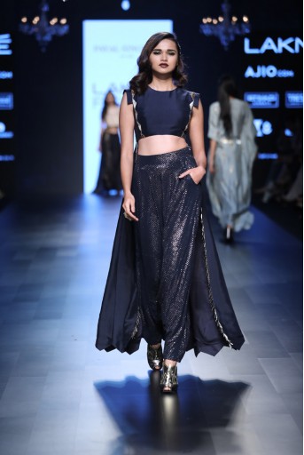 PS-FW452 Mara Navy Silk Cropped Anarkali with Mukaish Georgette Low Crotch Pant