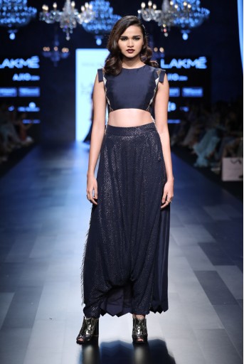 PS-FW452 Mara Navy Silk Cropped Anarkali with Mukaish Georgette Low Crotch Pant