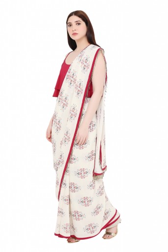PS-ST1207-K  Maroon Colour Crepe Top with White Printed Georgette Saree