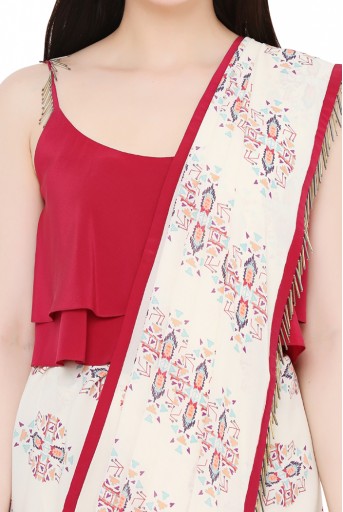 PS-ST1207-K  Maroon Colour Crepe Top with White Printed Georgette Saree
