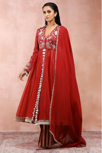 PS-AK0009  Maroon Embroidered Anarkali With Palazzo And Dupatta