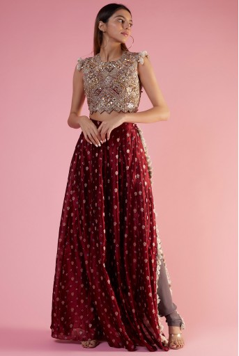 PS-CS0016-G  Maroon Embroidered Choli And Skirt With Attached Gunmetal Grey Low Crotch Pant