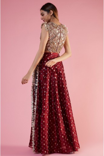PS-CS0016-G  Maroon Embroidered Choli And Skirt With Attached Gunmetal Grey Low Crotch Pant
