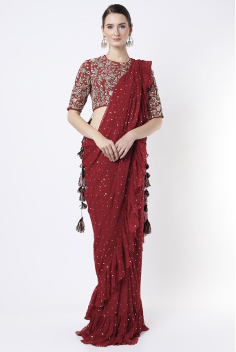 PS-SR0011-A  Maroon Embroidered Georgette Choli With Maroon Mukaish Pre Stitched Saree