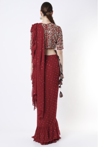 PS-SR0011-A  Maroon Embroidered Georgette Choli With Maroon Mukaish Pre Stitched Saree