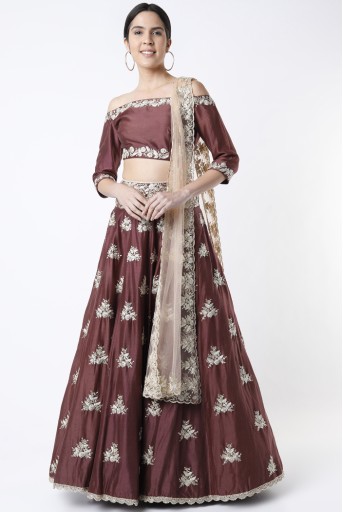 PS-FW316-CC  Marsala Red Silkmul Floral Embroidered Off - Shoulder Choli With Lehenga And Blush Net Floral Scallop Embroidered Dupatta