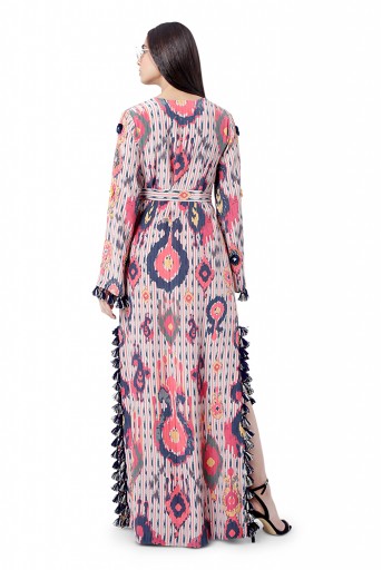 PS-FW786  Marya Red Printed Crepe Embroidered High- Slit Kaftan with Belt