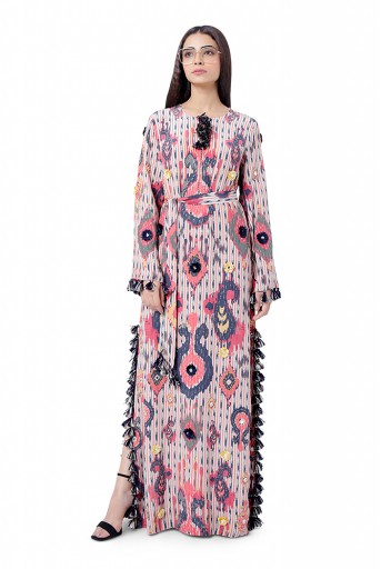 PS-FW786  Marya Red Printed Crepe Embroidered High- Slit Kaftan with Belt