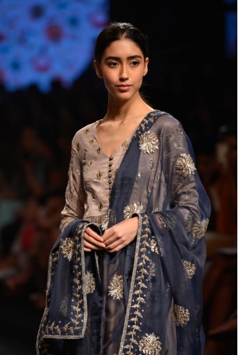 PS-FW383 Mastani Sand Suede Anarkali with Palazzo and Navy Organza Dupatta