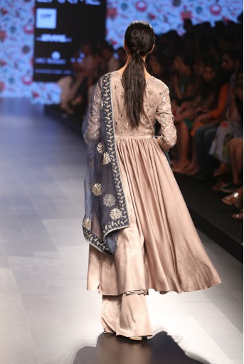 PS-FW383 Mastani Sand Suede Anarkali with Palazzo and Navy Organza Dupatta