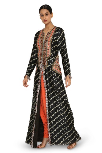 PS-KP0130  Maya Black Leheriya Banarasi Silk Embroidered Kurta With Orange Colour Georgette Pants