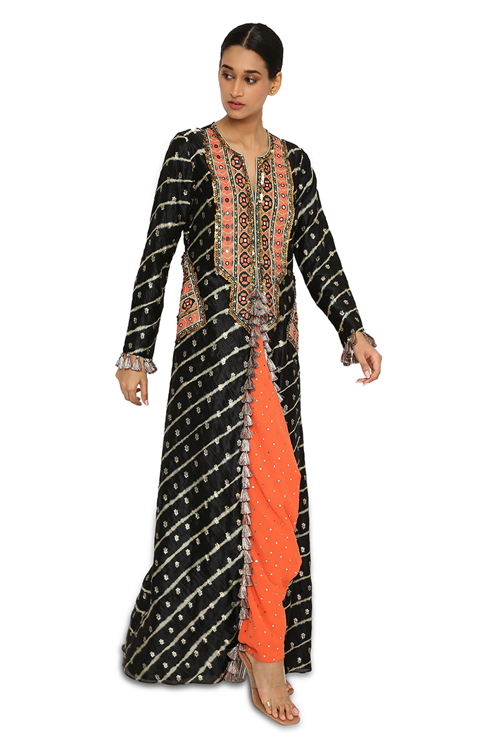 Banarasi Silk Angrakha Style Suit with Pure Silk Dupatta in Black : KUX270