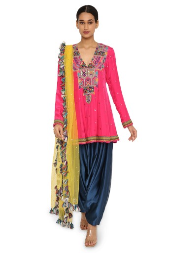 PS-KS0024  Medinna Hot Pink Colour Embroidered Kurta With Midnight Blue Colour Salwar And Yellow Net Dupatta