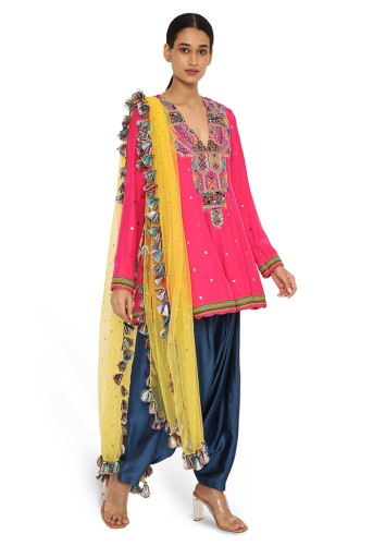 PS-KS0024  Medinna Hot Pink Colour Embroidered Kurta With Midnight Blue Colour Salwar And Yellow Net Dupatta