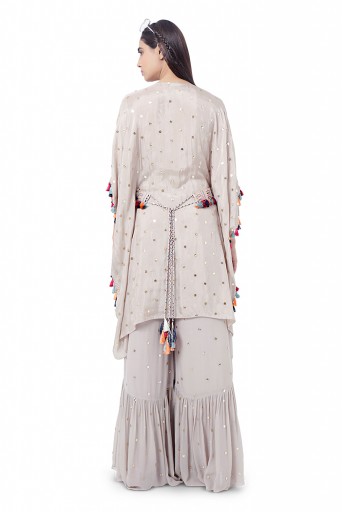PS-FW762  Meer Grey Colour Dot Mukaish Silk Embroidered Kaftan with Belt and Mukaish Georgette Frill Palazzo
