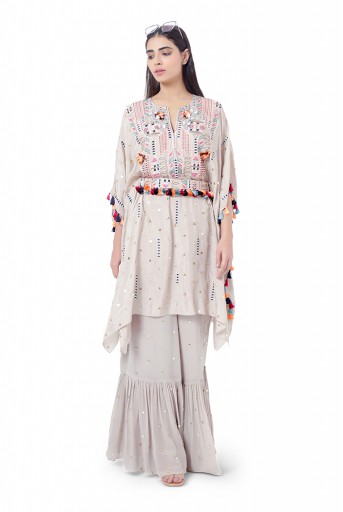 PS-FW762  Meer Grey Colour Dot Mukaish Silk Embroidered Kaftan with Belt and Mukaish Georgette Frill Palazzo