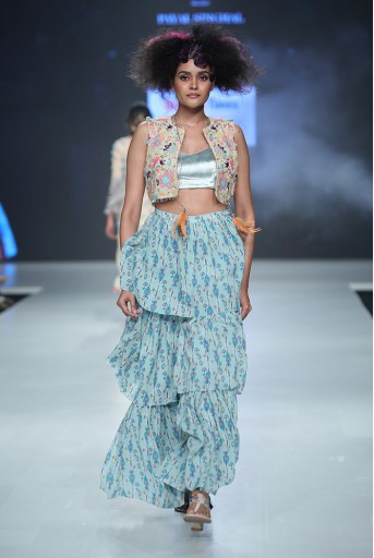 PS-FW681 Meesha Stone Georgette Short Jacket with Perwinkle Blue Velvet Bustier and Blue Printed Georgette Layered Sharara