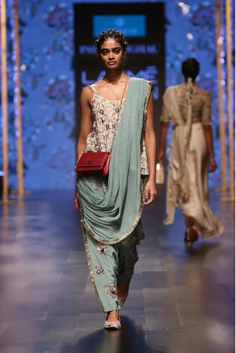 PS-FW581 Merunisa Stone Crepe Short Anarkali Top with Perwinkle Blue Crepe Low Crotch Pant and attached Mukaish Georgette Drape