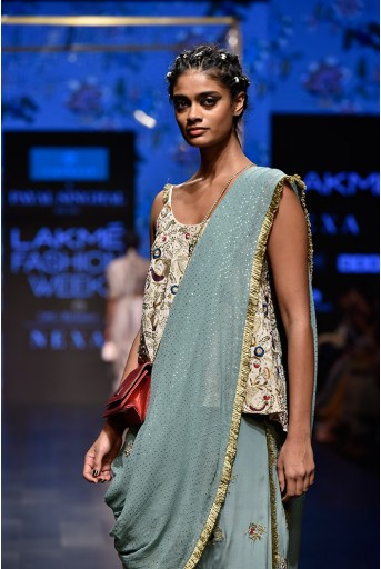 PS-FW581 Merunisa Stone Crepe Short Anarkali Top with Perwinkle Blue Crepe Low Crotch Pant and attached Mukaish Georgette Drape