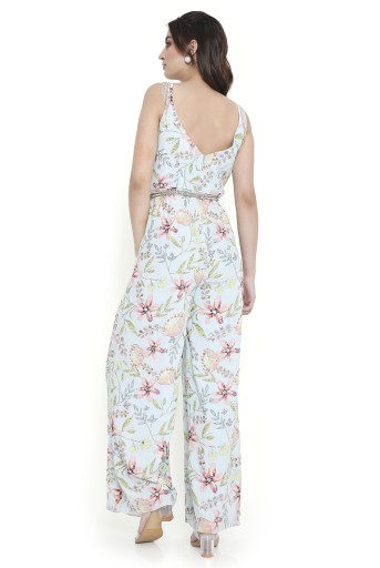 PS-JS0017  Milana Lavender Dream Print Embroidered Jumpsuit With Embroidered Leather Belt
