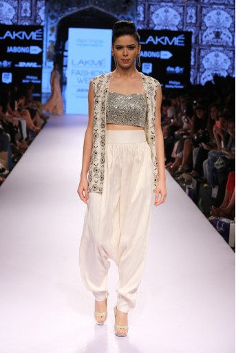 PS-FW314 Minar Ivory Dupion Silk Jacket with Choli and Low Crotch Pant