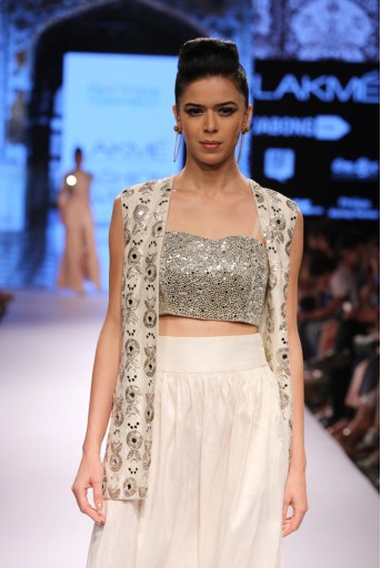 PS-FW314 Minar Ivory Dupion Silk Jacket with Choli and Low Crotch Pant