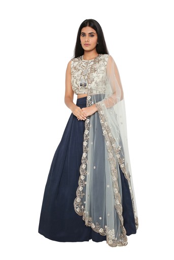 PS-LH0068  Mint Embroidered Choli With Navy Dupion Lehenga And Net Embroidered Dupatta