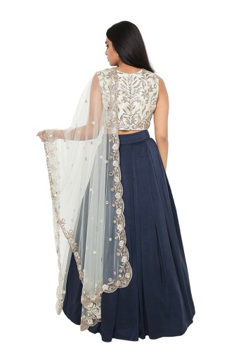 PS-LH0068  Mint Embroidered Choli With Navy Dupion Lehenga And Net Embroidered Dupatta