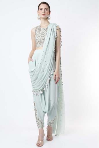 PS-TL0008-D  Mint Embroidered Crepe Choli And Low Crotch Pants With Attached Dot Mukaish Georgette Drape
