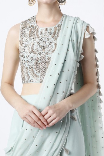 PS-TL0008-D  Mint Embroidered Crepe Choli And Low Crotch Pants With Attached Dot Mukaish Georgette Drape