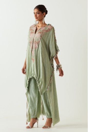 PS-KP0231-A  Mint Embroidered High Low Kurta With Jogger Pant
