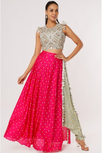 PS-CS0016-B  Mint Georgette Embroidered Choli And Mint Bandhani Silk Low Crotch Pant With Attached Pink Bandhani Silk Skirt