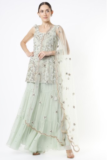 PS-KP0094-F  Mint Georgette Embroidered Kurta With Dot Mukaish Georgette Sharara And Net Dupatta