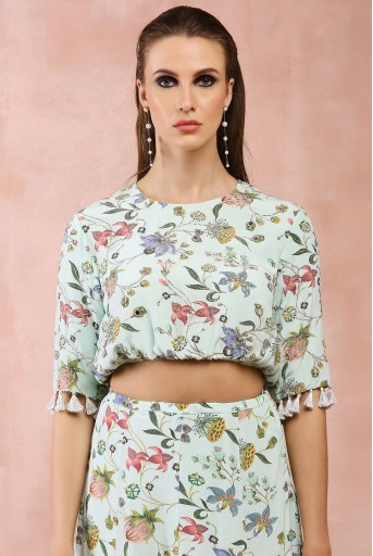PS-TS0028-A  Mint Nargis Print Embroidered Balloon Top With Frill Skirt