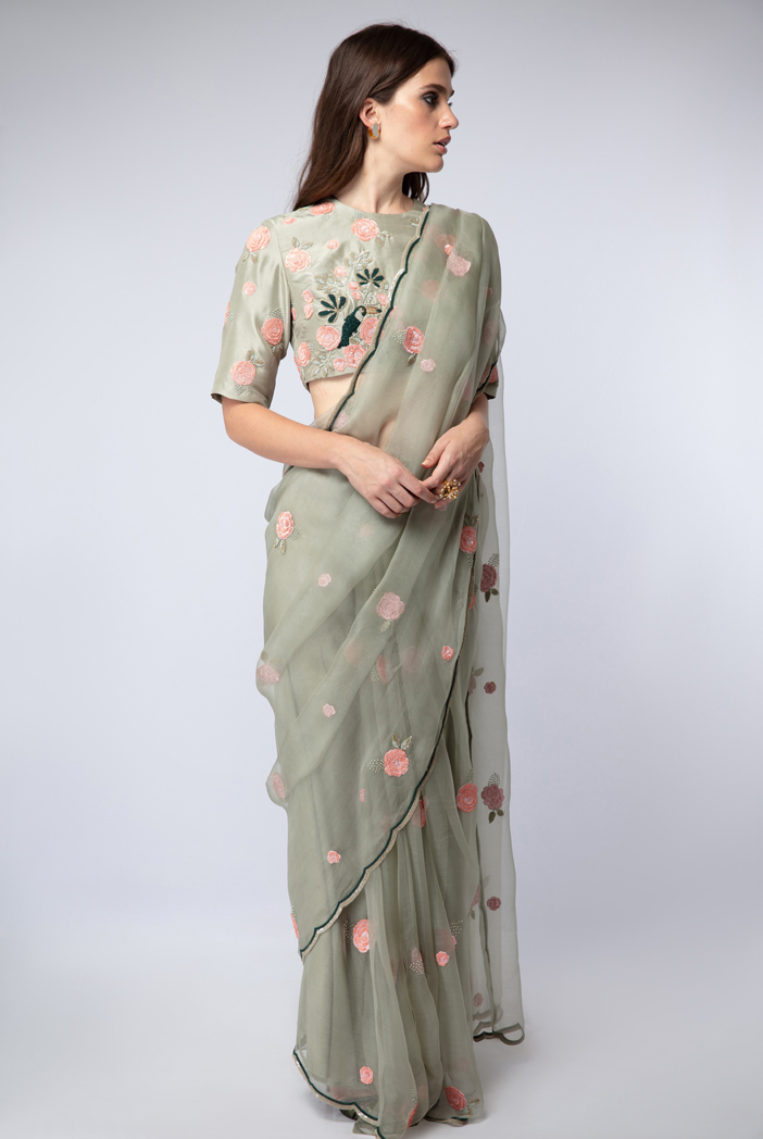 Green Printed Organza Saree – Leemboodi