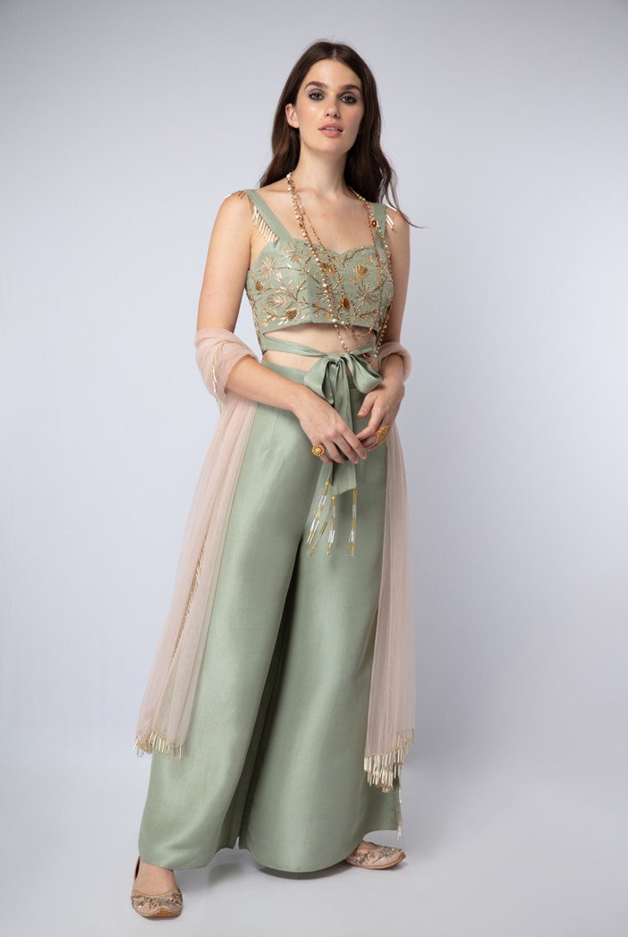 Green Cotton Palazzo with Aari Embroidery, Lace & Tie-up waist Elasticated  - shaaba clothing