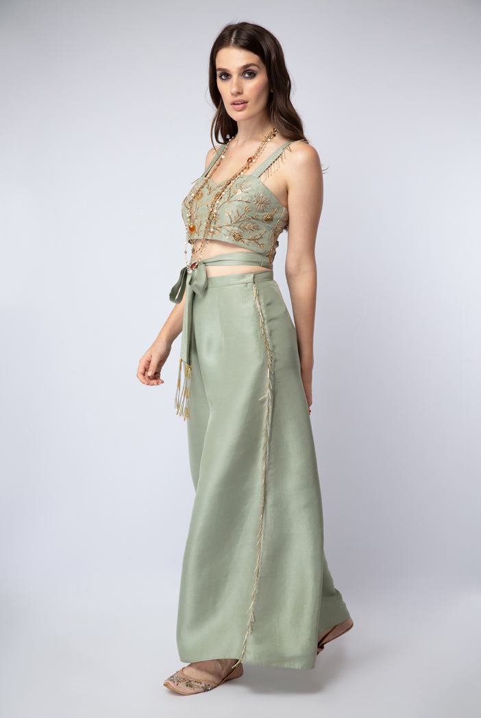 Aqua Dhoti Pants Sari With Embroidered Choli - MEHAK MURPANA - 3816869