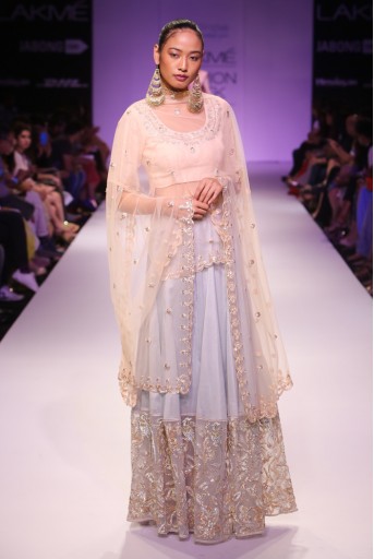 PS-FW270 Mira Blush Silkmul Choli with Ice Blue Skirt and Blush Tulle Dupatta