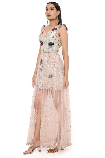 PS-DR0031  Mirai Off White Georgette Embroidered Dress With Rose Pink Net Overlay Skirt