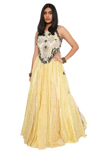 PS-FW692-B  Misbah Pale Yellow Georgette Choli With Brocade Chanderi Panelled Lehenga