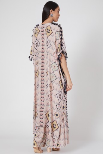 PS-FW784-B  Mosaic Diamond Printed Crepe Embroidered High Low Kaftan With Frill Palazzo