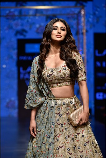 PS-FW583 Mouni Stone Organza Choli with Lehenga and Periwinkle Blue Georgette One Side Jacket