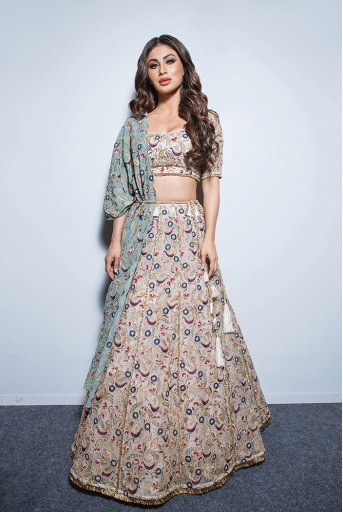 PS-FW583 Mouni Stone Organza Choli with Lehenga and Periwinkle Blue Georgette One Side Jacket